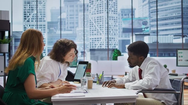 A diverse team of corporate professionals collaborating around a table, reviewing financial documents and sustainability reports in a modern office.