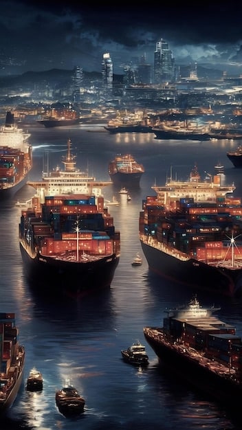 A close-up, dynamic shot of a cargo ship loaded with containers, sailing from a Chinese port, against the backdrop of a vibrant city skyline. The image emphasizes the movement and scale of international trade between the US and China. The shipping containers feature various company logos from different industries indicating broad trade implications. The scene captures the bustling activity and economic reliance inherent in Updated: The Latest on the US-China Trade Negotiations and Potential Tariffs Impacting Businesses.