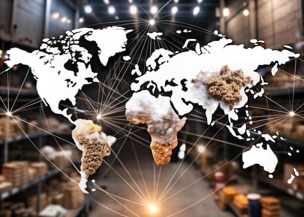 A world map highlighting various global events that have caused supply chain disruptions, such as trade conflicts, natural disasters, and cyberattacks. The image is designed to visually represent the interconnectedness and vulnerability of global supply chains.