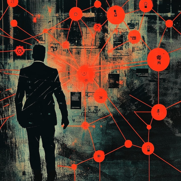 A graphical representation of different types of cyber threats targeting a business network, illustrated as icons like malware, phishing emails, and DDoS attacks converging toward a central server. The image highlights the multifaceted nature of cybersecurity threats on the rise: new government initiatives to protect businesses from attacks.