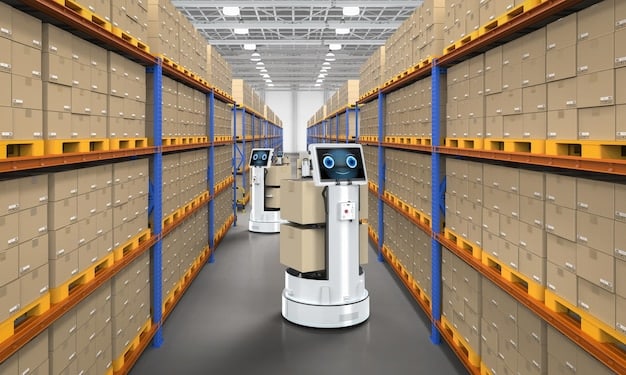 An automated warehouse with robots moving products and fulfilling orders. Barcodes are being scanned and goods are being sorted by machines, showing a highly efficient and technologically advanced logistics operation. The scene depicts a modern supply chain prepared for the demands of The Future of Retail: How E-commerce Giants Are Changing the Brick-and-Mortar Landscape.