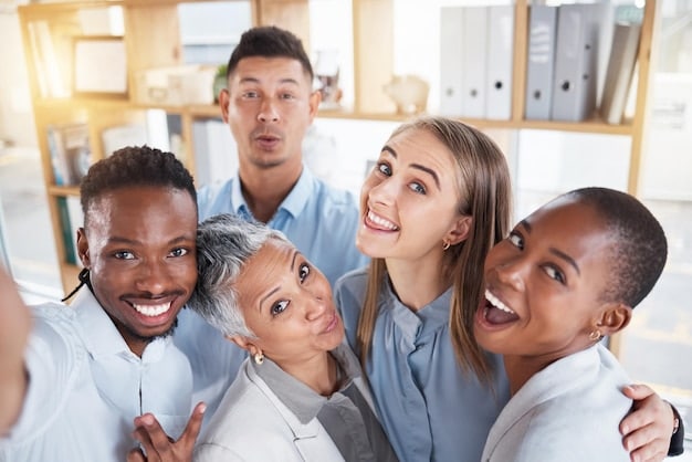 A diverse group of employees smiling and looking satisfied in their workplace, surrounded by symbols representing different types of employee benefits, like healthcare, retirement plans, and paid leave. This illustrates the positive impact New Labor Laws in 2025: What Businesses Need to Know About Minimum Wage and Employee Benefits can have on employee morale.