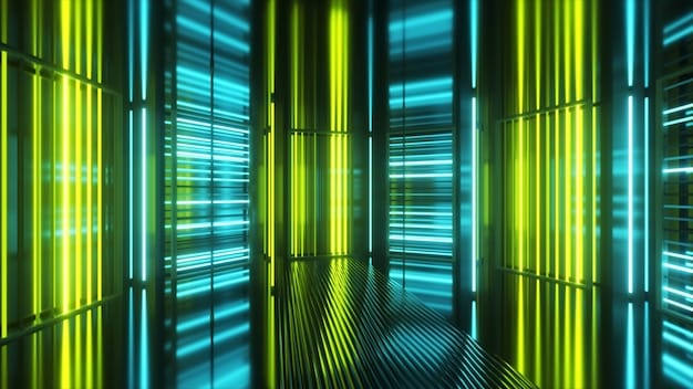 A close-up shot of a server room featuring rows of blinking servers with a holographic interface displaying complex algorithms and data flow. The image is a visual representation of the technological infrastructure underpinning 'The Rise of Artificial Intelligence in Business: Opportunities and Challenges for US Companies', highlighting the computational power and data processing capabilities required for AI applications.