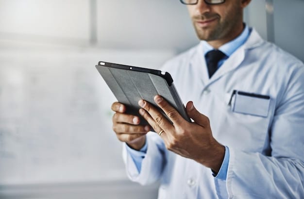 A close-up of a doctor using an AI-powered diagnostic tool on a tablet to analyze a patient's X-ray. The interface shows detailed anatomical structures and highlights potential anomalies. The doctor is wearing modern, professional attire and has a focused, yet reassuring expression. The background is softly blurred to keep the focus on the doctor and the technology.