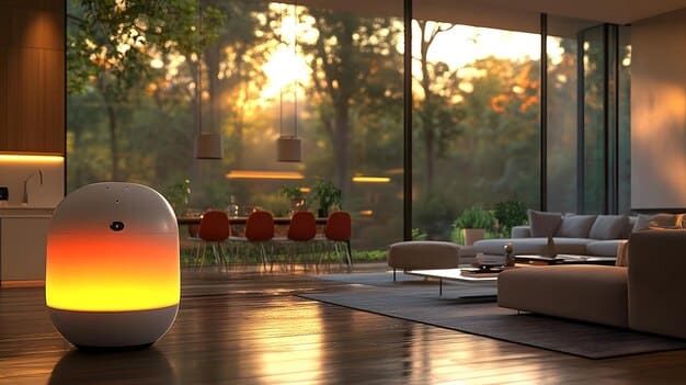 A modern, well-lit living room interior in a suburban home, with a focus on energy-efficient appliances and smart home technology. The image should convey a sense of comfort, sustainability, and technological integration in residential living, aligning with predictions for the Real Estate Market Analysis: Expert Predictions for Commercial and Residential Properties in 2025.