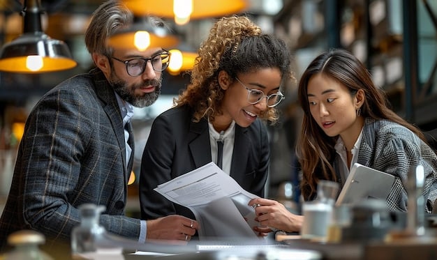 A close-up of a diverse team in a modern office collaborating on regulatory compliance documents, using tablets and laptops, showcasing proactive risk management and adaptation to the evolving landscape of Financial Institutions Face Increased Scrutiny: New Regulations and Compliance Requirements.