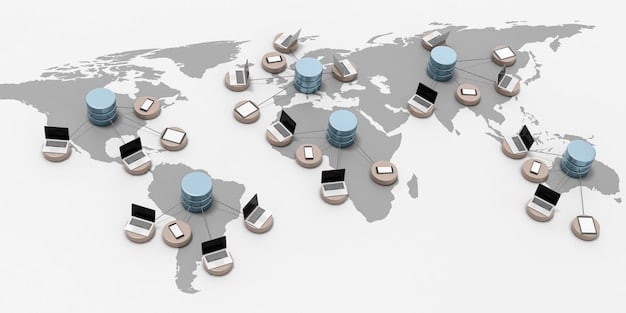 A visual representation of a global supply chain network, featuring interconnected nodes representing factories, distribution centers, and transportation routes. The graphic highlights the complexity and interdependence of modern supply chains. Use varying colors to differentiate regions.