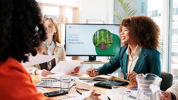 A diverse group of business professionals collaborating around a table, reviewing financial documents and environmental reports on laptops, with a green leaf subtlely integrated into the desk design.