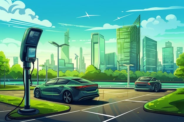 A panoramic view of a modern cityscape with numerous green roofs, electric vehicle charging stations, and wind turbines in the background, symbolizing urban sustainability and future-proofed infrastructure.