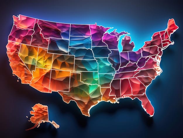 A map of the United States, with each state highlighted in a different color to represent the varying campaign finance regulations across the country. Understanding the Latest Changes to Campaign Finance Regulations: What You Need to Know is symbolized by the diversity of state laws.