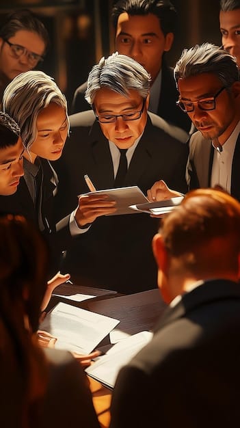 A photo illustrating members of Congress during a budget hearing, deeply studying documents with serious expressions. The setting should be a formal committee room, highlighting the intensity and meticulousness involved in Congressional Review and Approval regarding How Does the US Government's Budget Process Work, and What are the Key Priorities for 2025.