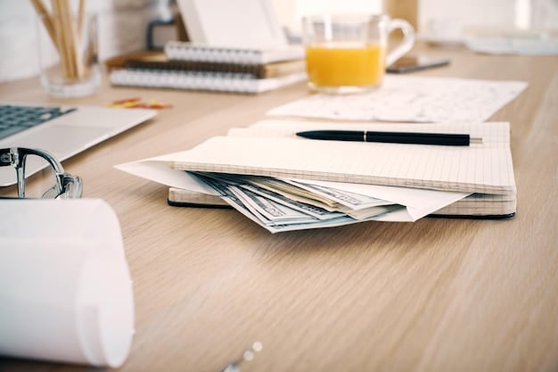 A close-up shot of official documents related to the federal budget on a desk, with pens and calculators scattered around. The focus should be on the details within the documents, representing the meticulous work involved in determining How Does the US Government's Budget Process Work, and What are the Key Priorities for 2025.