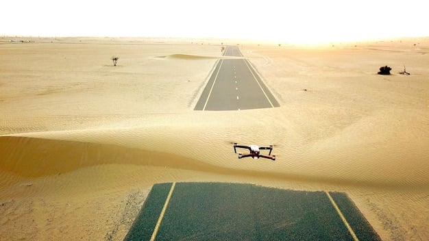 A split image. On one side, a high-tech surveillance drone flying over a desert landscape representing technological solutions for border security. On the other side, a group of people being processed by immigration officers, representing enforcement measures. The image should symbolize the dual approach of technology and enforcement in addressing immigration challenges. What are the Current Debates Surrounding Immigration Reform, and What are the Proposed Solutions? should be included as keywords in the hidden alt text for the image.