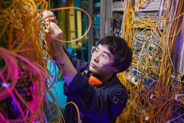 Technician installing fiber optic cables, symbolizing the expansion of broadband internet infrastructure. The image also emphasizes the importance of reliable and high-speed internet access in modern society and how addressing 