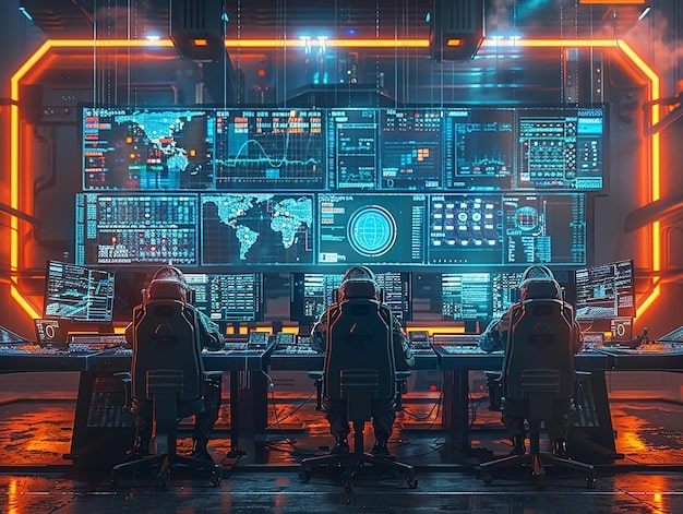 A futuristic depiction of cybersecurity professionals working in a high-tech control room, monitoring network traffic and analyzing threat data in real-time. This image represents the proactive and adaptive measures taken by the US government to defend against cyber threats. The caption needs to relate to How Does the US Government Respond to Cybersecurity Threats, and What are the Latest Strategies?