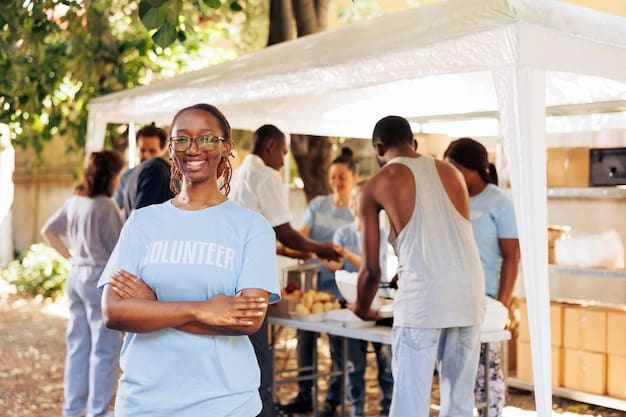 A diverse group of community members volunteering at a local event, showing engagement and collaboration.