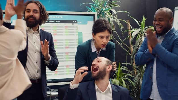 A diverse group of business professionals in a modern office looking at a stock ticker display, reacting positively to market news. One person points to the screen with a slight smile.