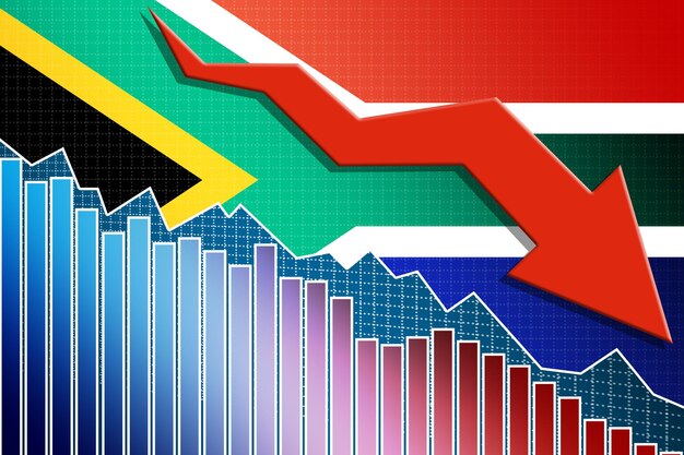 A downward trending graph overlaid with a Fed logo, representing the impact of policy on economic trajectory. Colors are muted, symbolizing caution.
