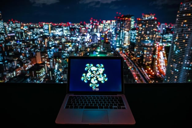 A stylized laptop screen displaying a network of interconnected political ads and data points, with icons representing transparency and regulation. The background is a blurred cityscape at night.