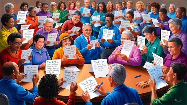 A diverse group of people engaged in a civic discussion, possibly a town hall meeting, with signs promoting transparency and democracy.